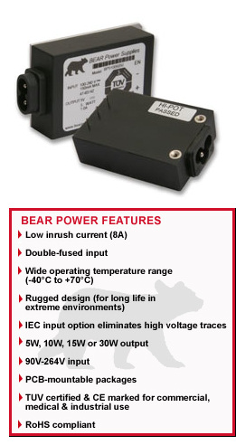 BEAR Power Supplies feature wide operating temperature range, low inrush current, rugged design for long life